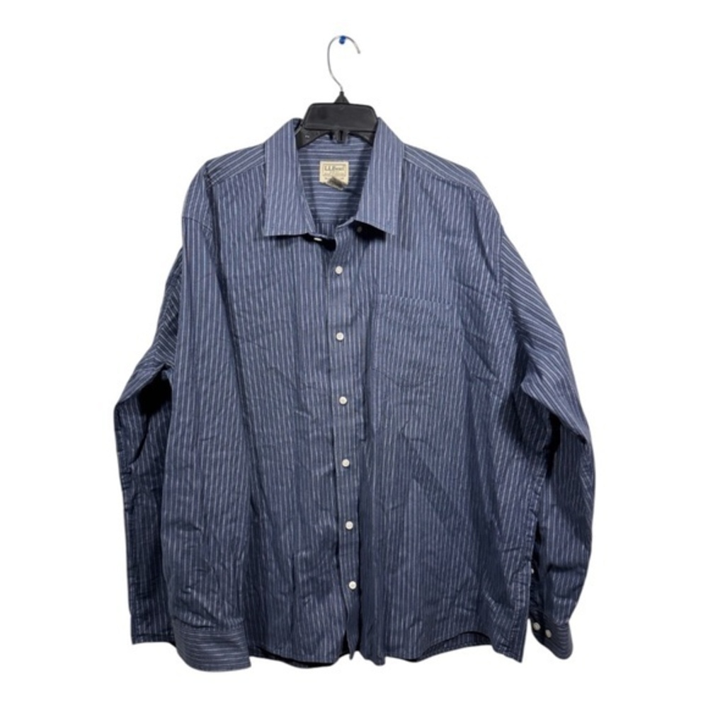 LL Bean Button Down Shirt Mens XXL Blue Striped Cotton Polyester Classic Collare
